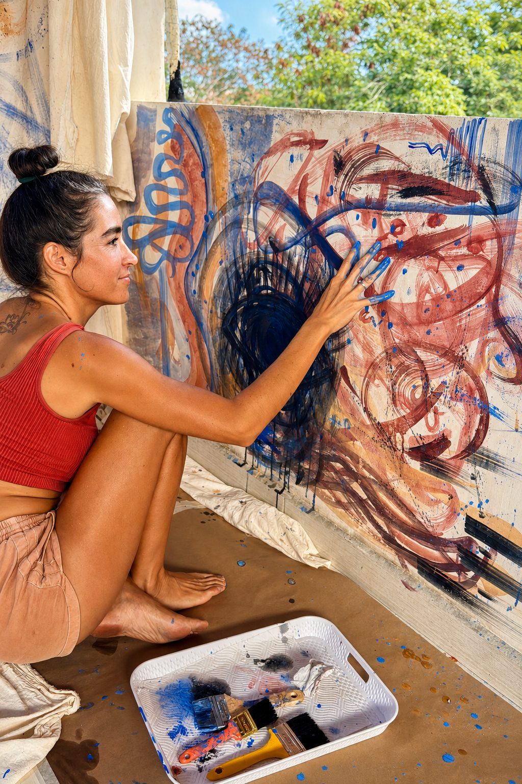 Painting on a large hanging fabric