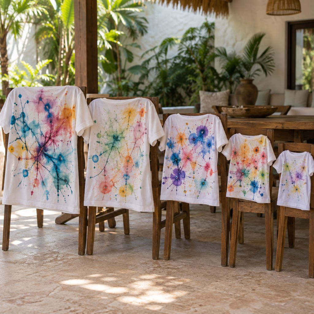 Finished family T-shirts hung over villa chairs, each one different