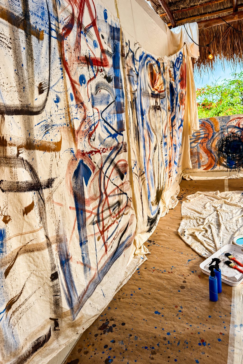 Painted fabrics hung in a row