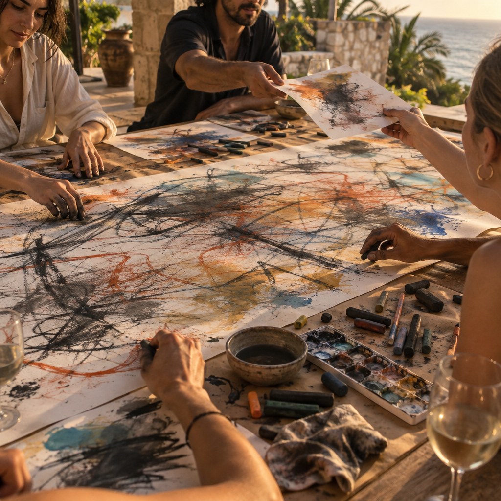 Hands passing sheets and adding charcoal marks on a long table at sunset