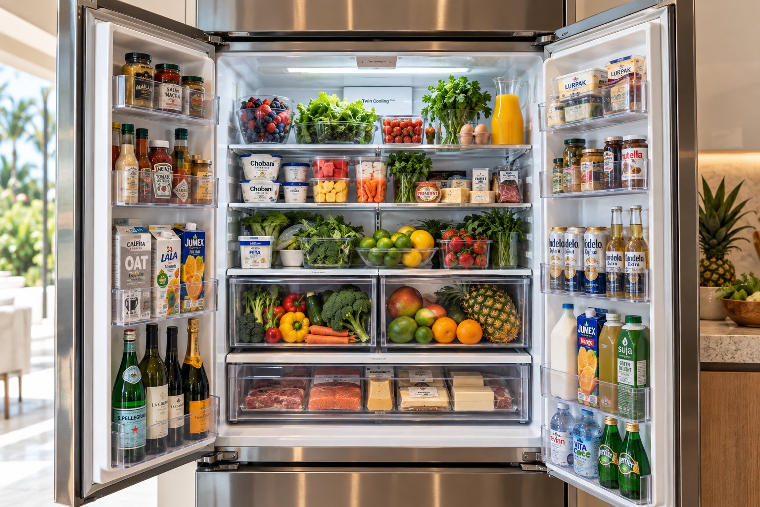 A villa refrigerator fully stocked with fresh produce, drinks and breakfast ready for the week