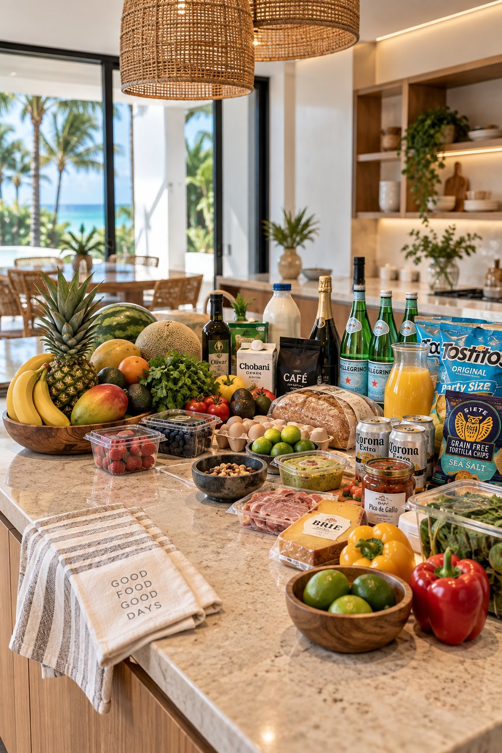 The kitchen island laid out with fruit, bread and drinks, the pool and the sea through the window