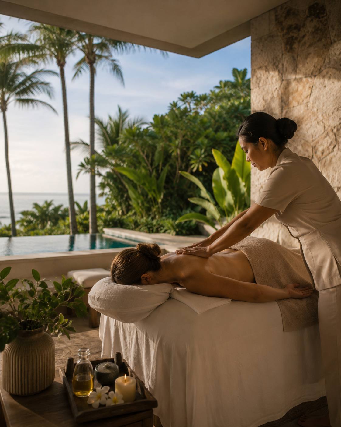 A massage set up on a villa terrace by the jungle