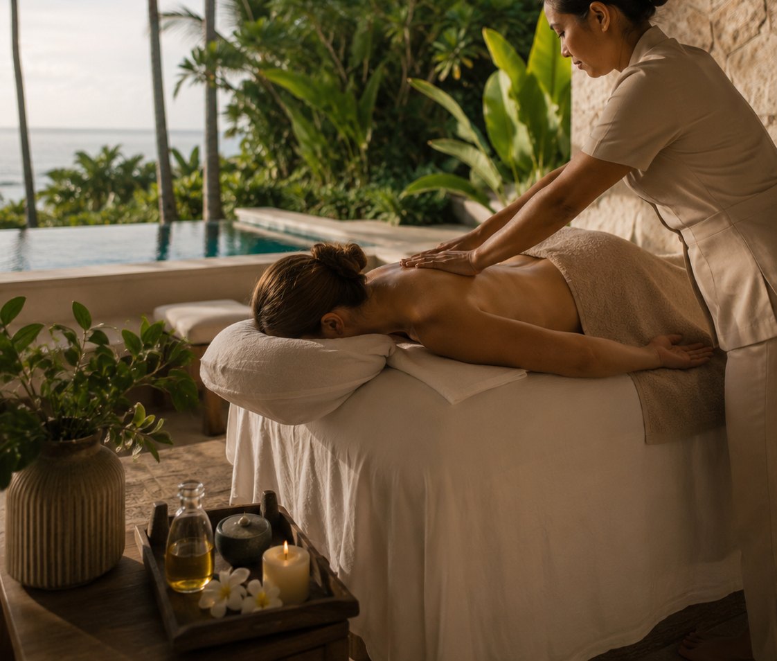 Therapist massaging oiled legs during an in-villa spa treatment