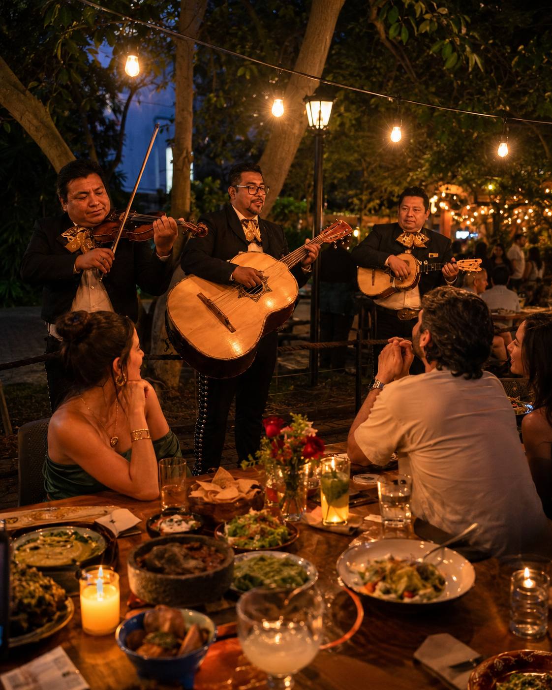 Mariachis playing tableside at a villa dinner
