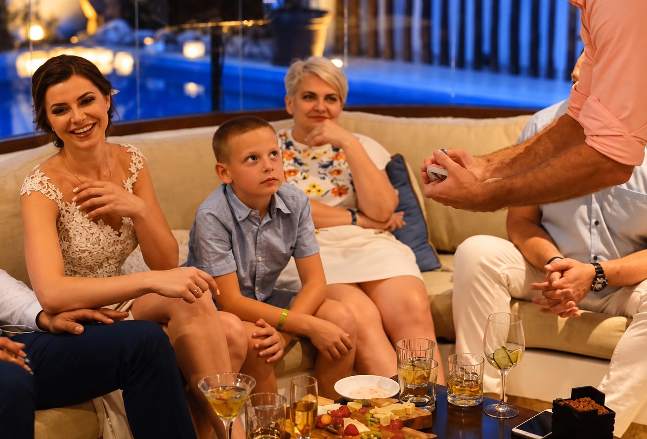 Guests on a villa sofa watching close-up card magic