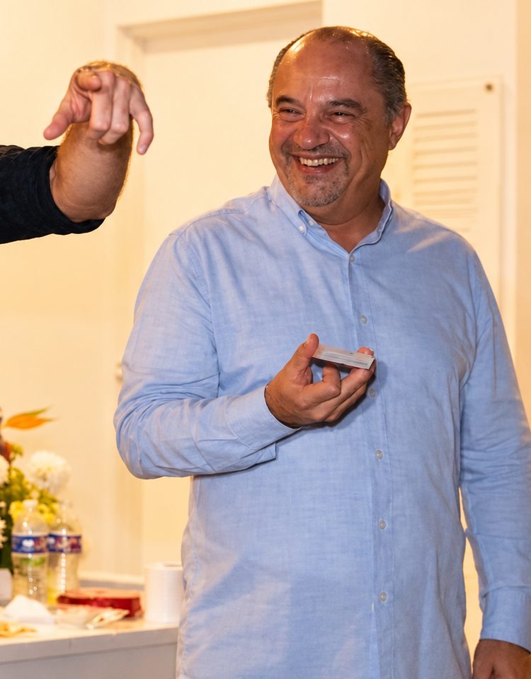 A guest laughing at the reveal, card box in hand
