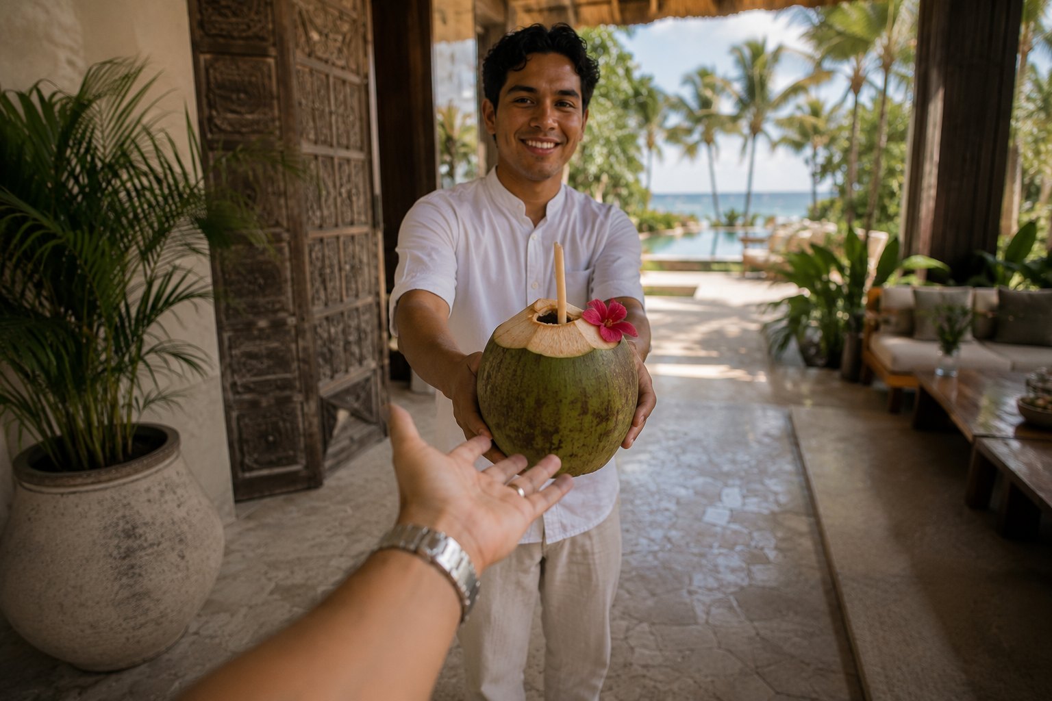 A welcome coconut at the villa entrance
