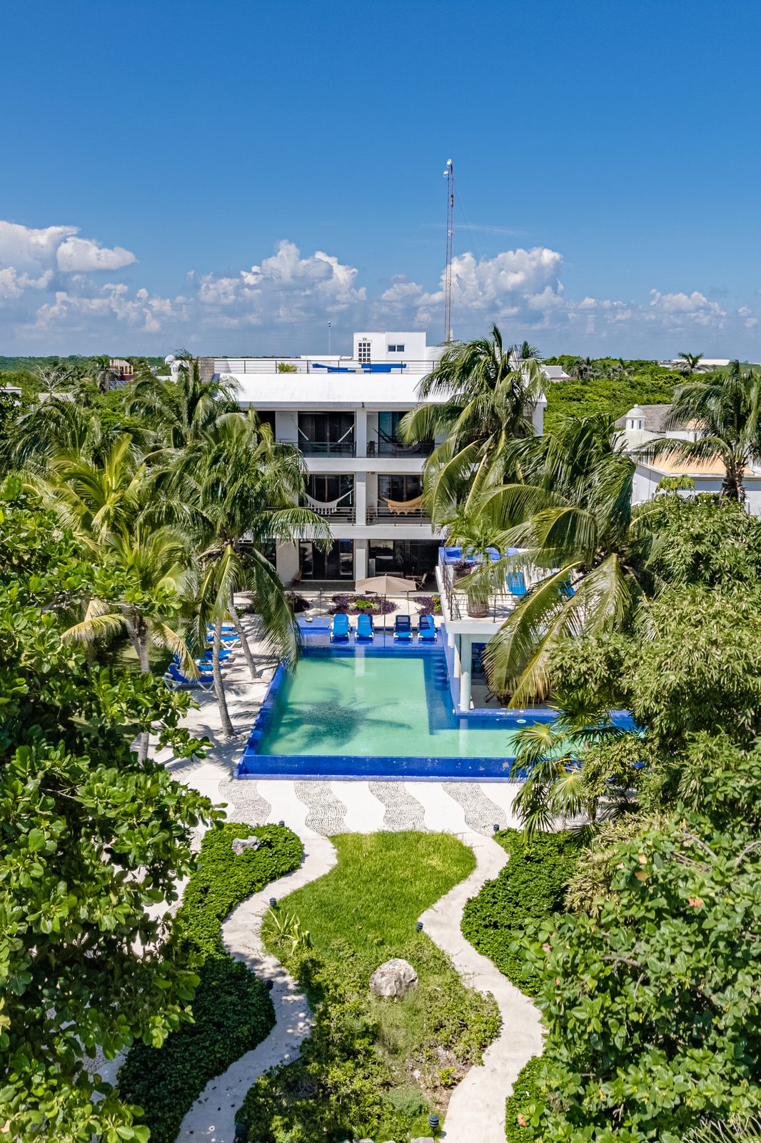 Aerial view of the garden path leading to the house