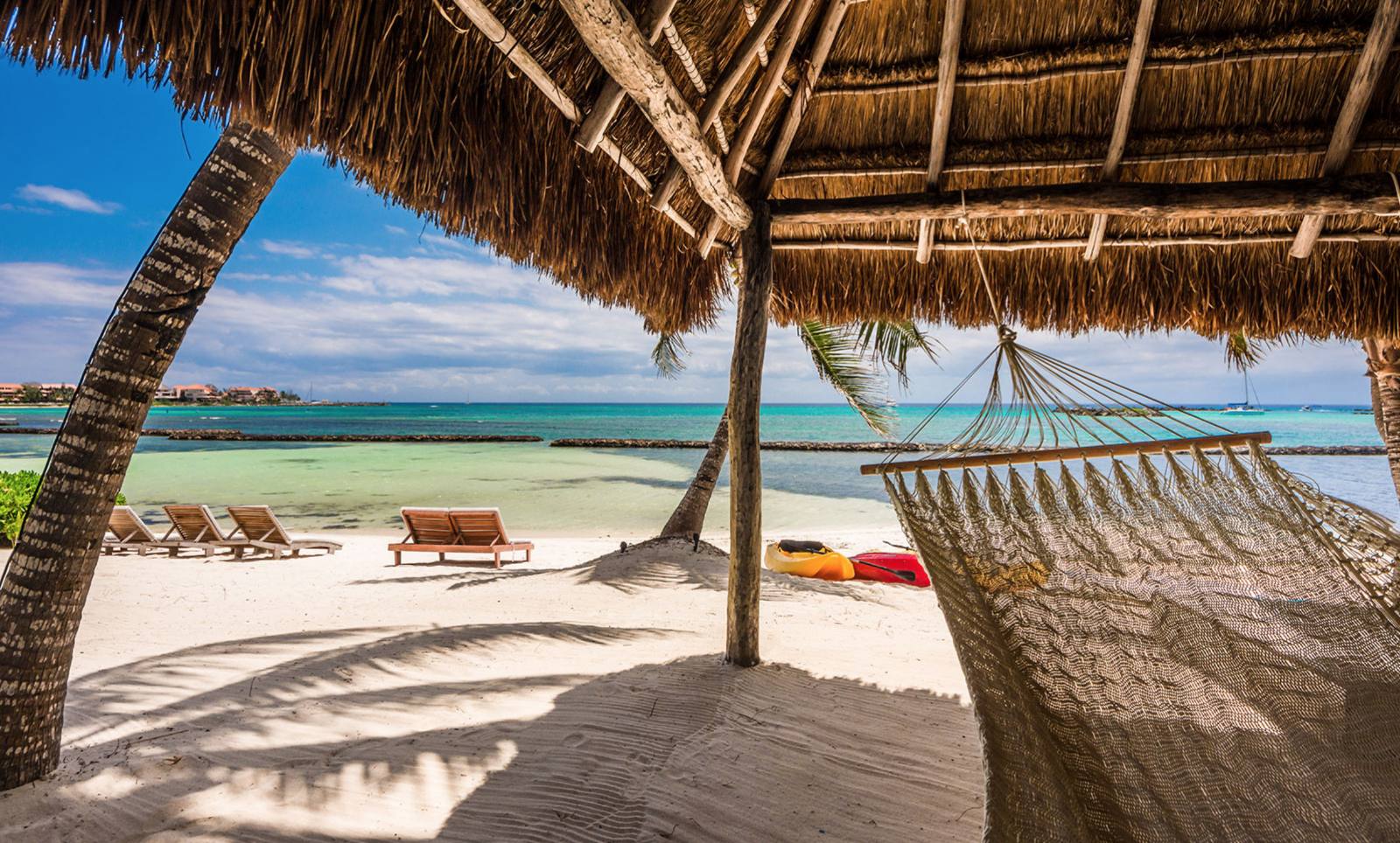 A hammock under the palapa, facing the beach