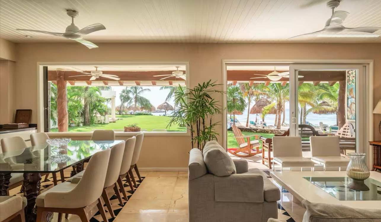 The living and dining room with windows to the garden