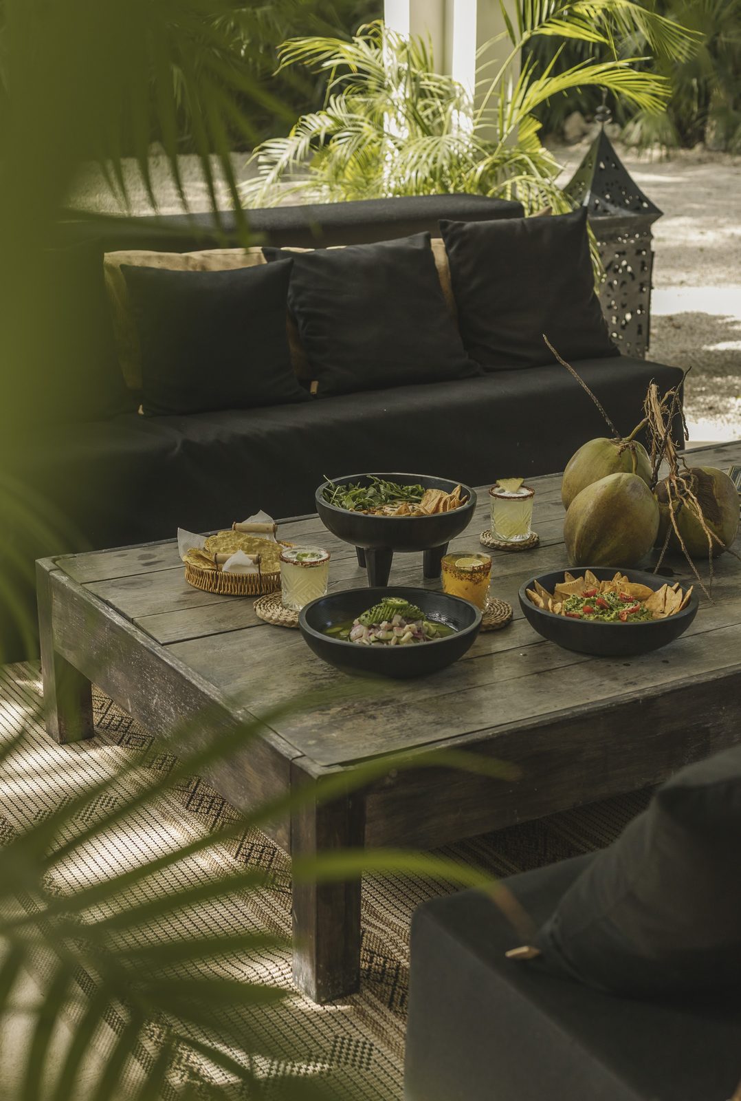 The outdoor table set with food