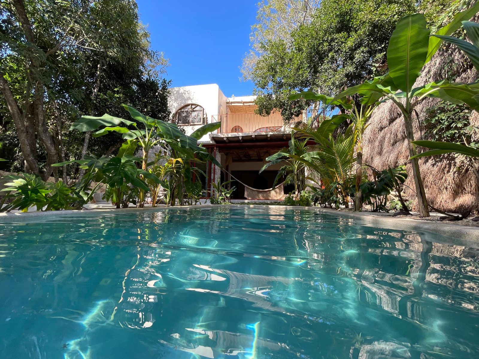 The pool and the house under a clear sky