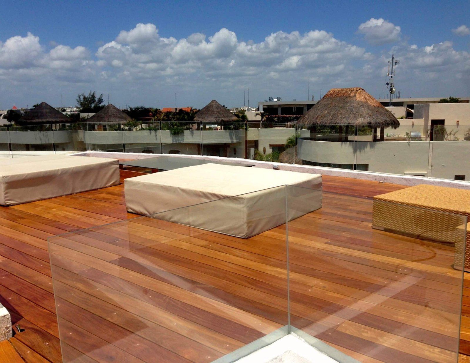 Wooden rooftop deck with views over the town