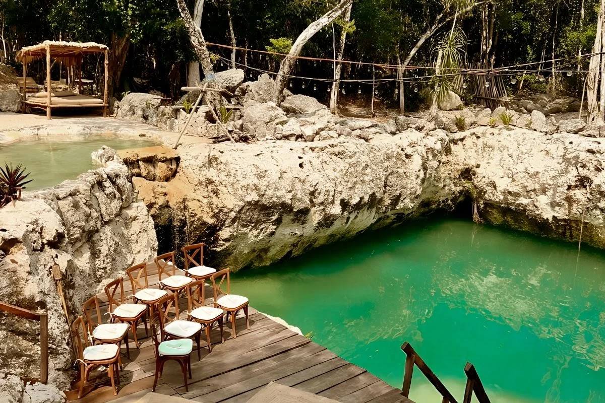 Chairs set up on the deck above the cenote