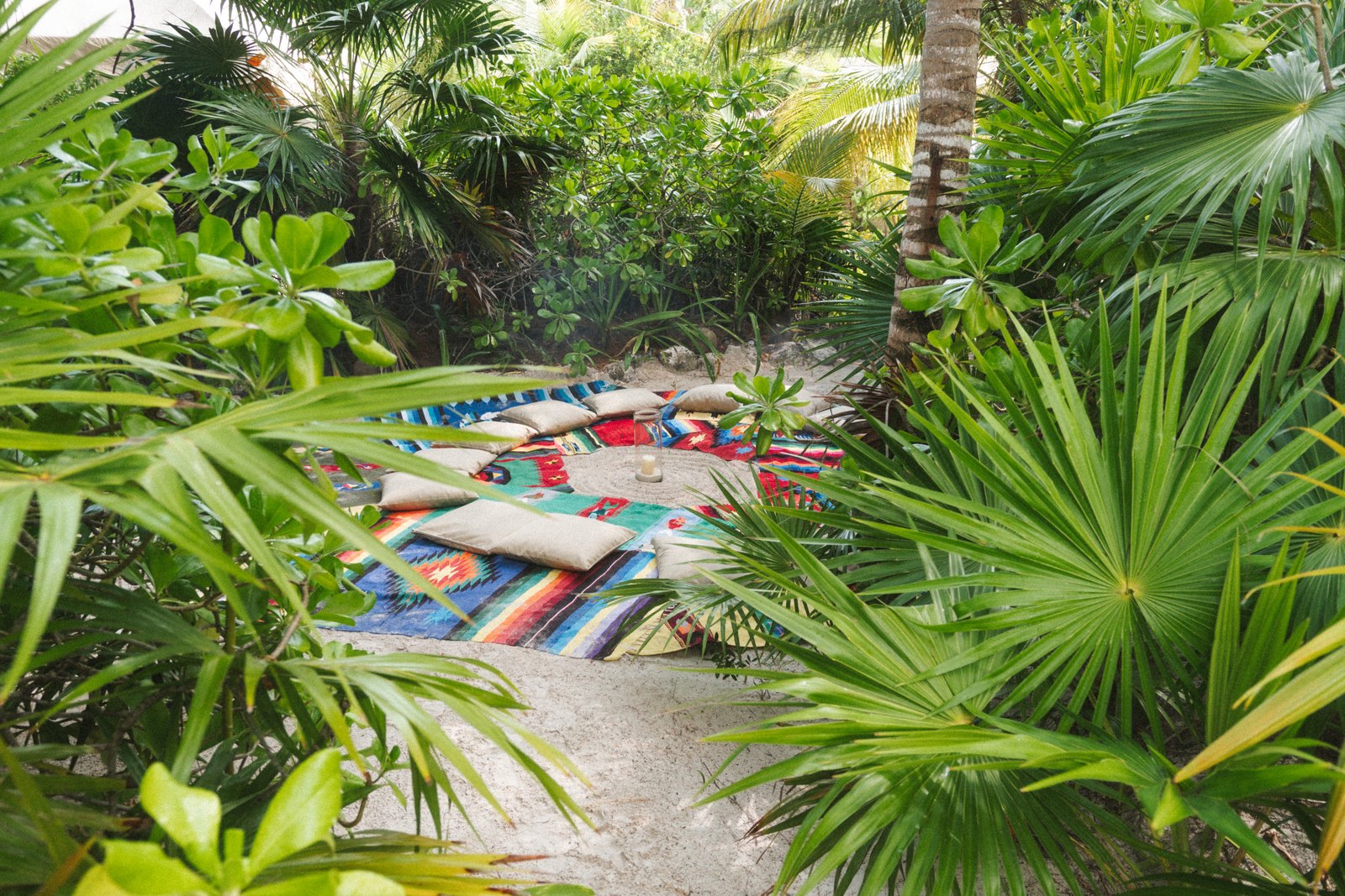 A circle of cushions in the garden