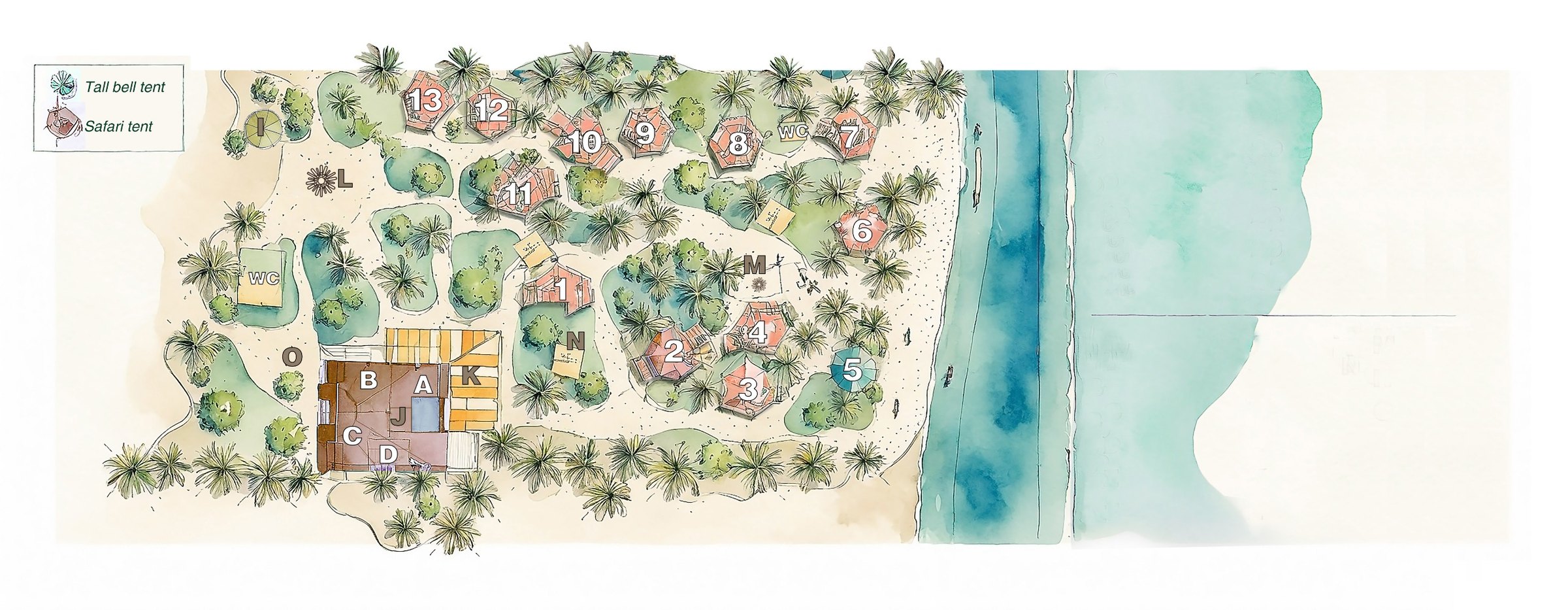 Illustrated plan of the property: the villa, the tents, the gardens and the beach