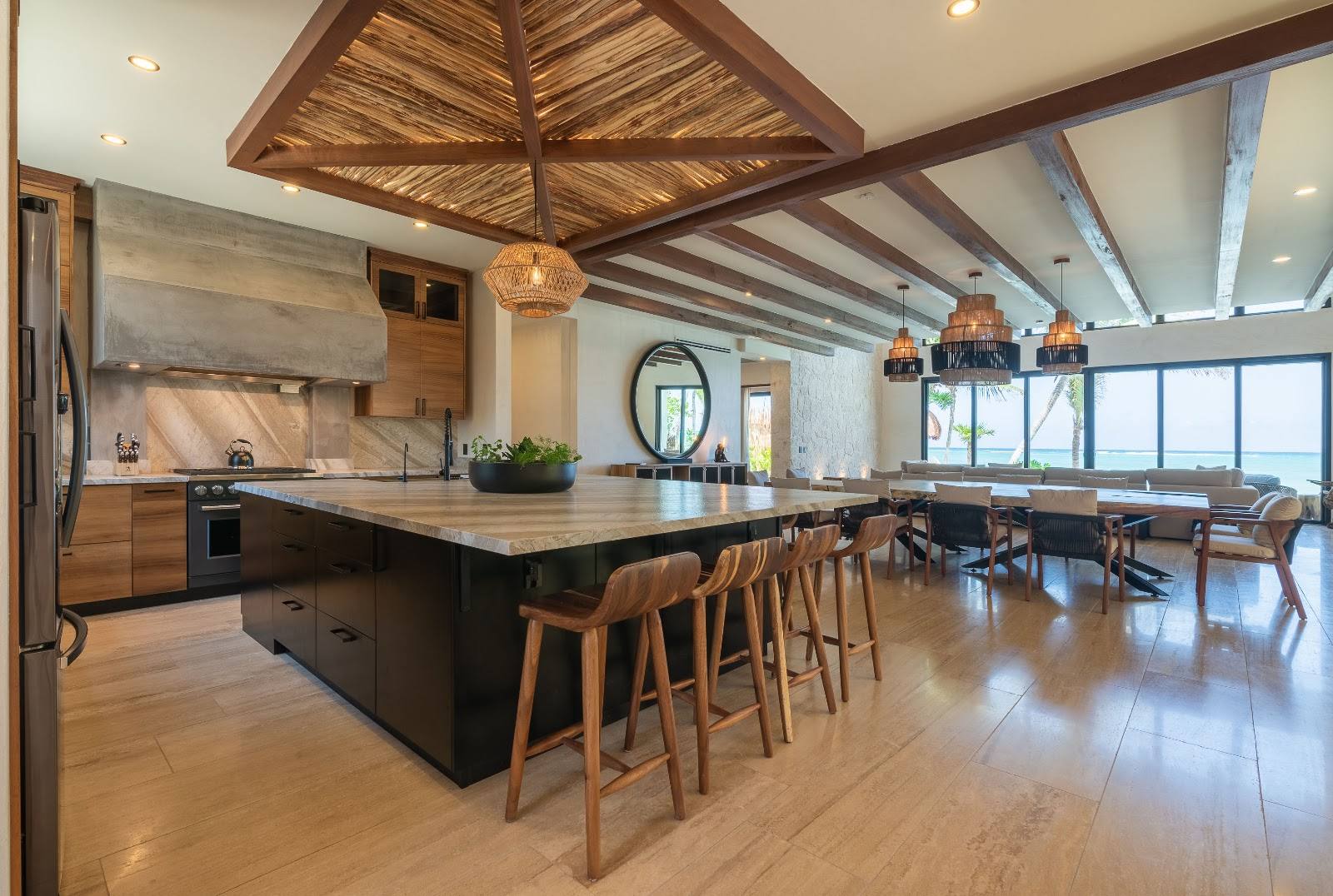 The kitchen island and the dining room beyond